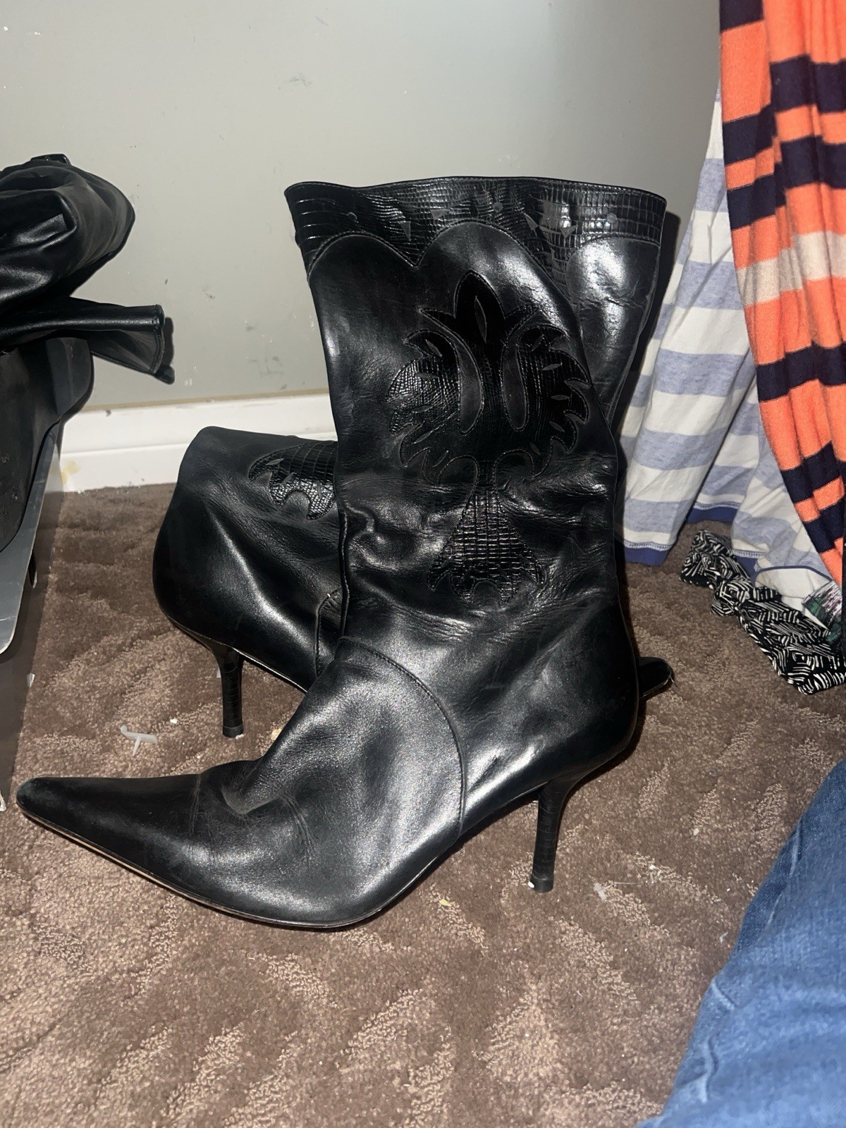 Vtg 90s Diba Black Leather Western Stiletto Boots Pointed Toe Brazil 10
