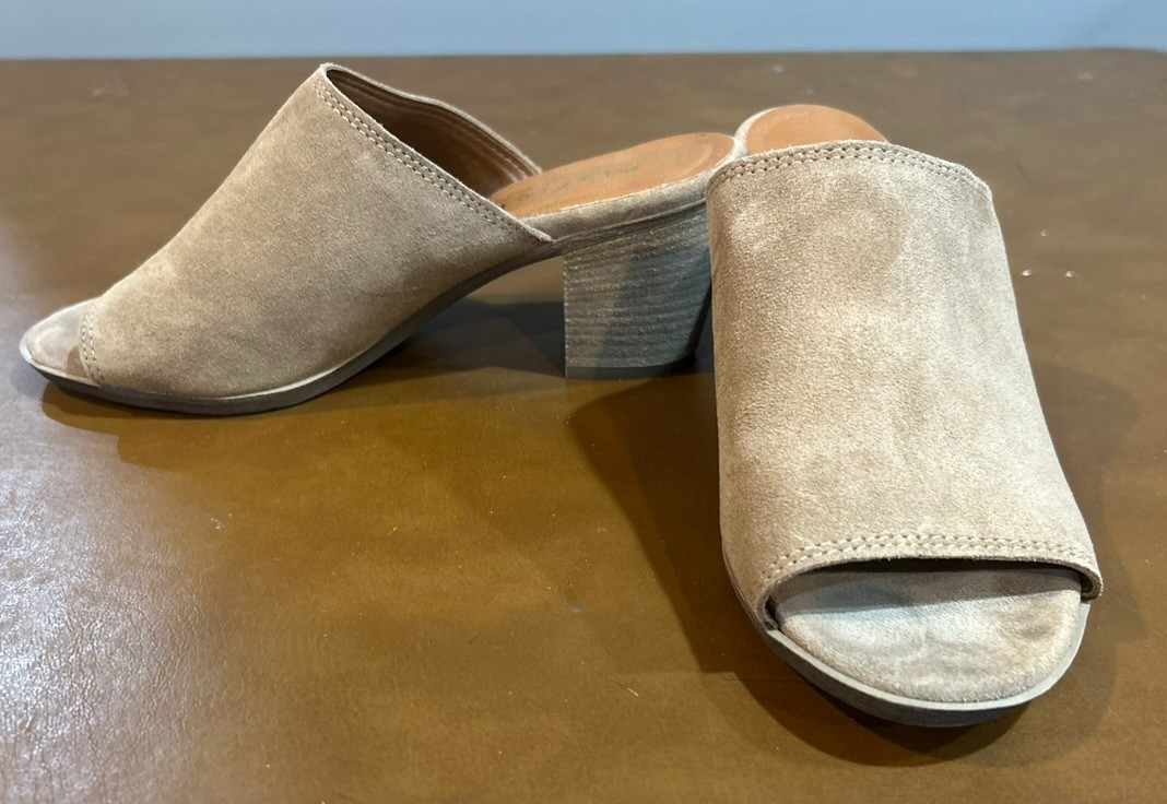 Mariella Suede Peep Toe Sandals Block Heel Mules Slip On Made in Italy Size 6.5M