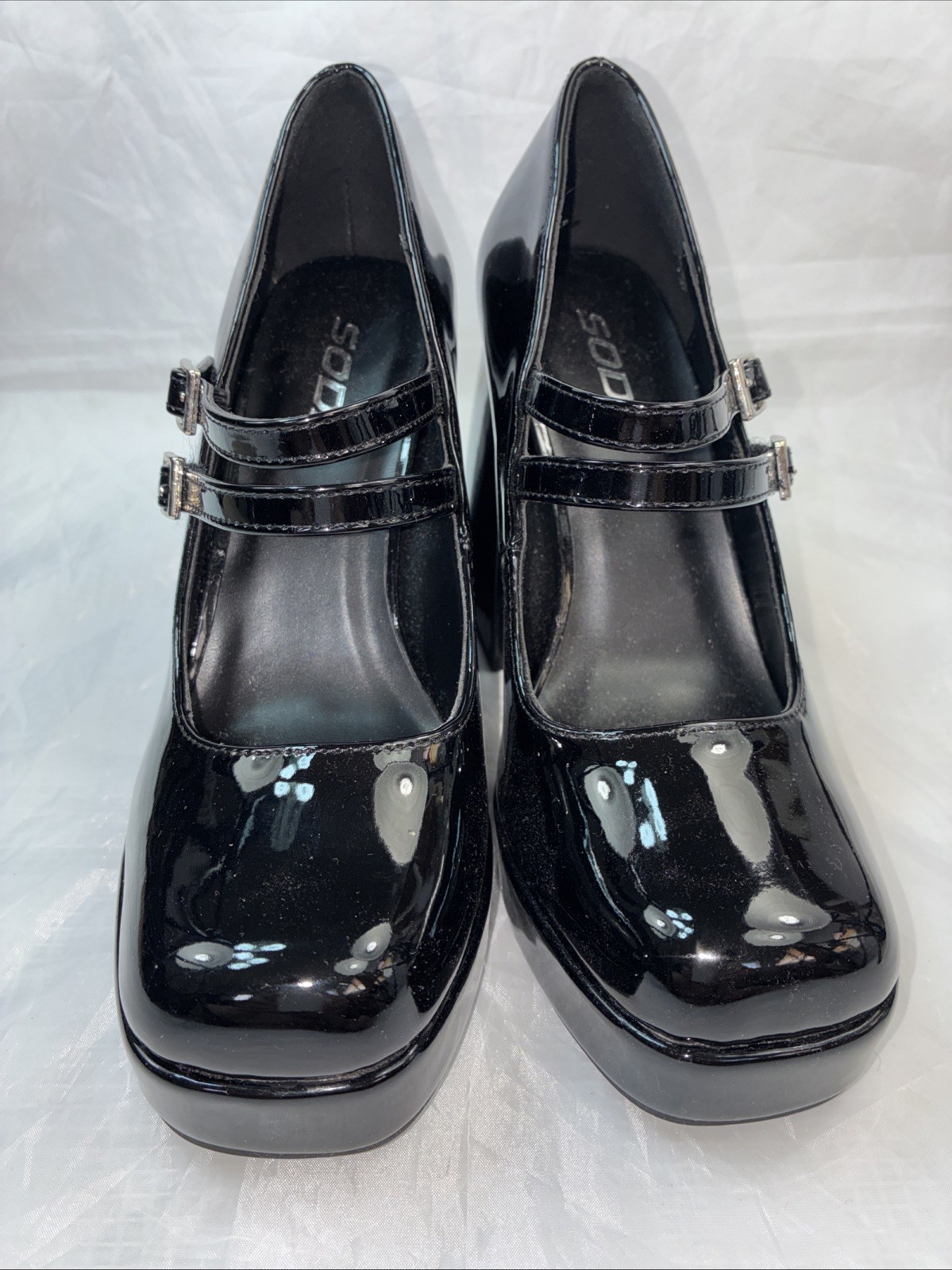 SODA-SOLANA 2 BAND PLATFORM PUMP PATENT MARY JANES Big 4.5″ Hi-Chunky Block Heel