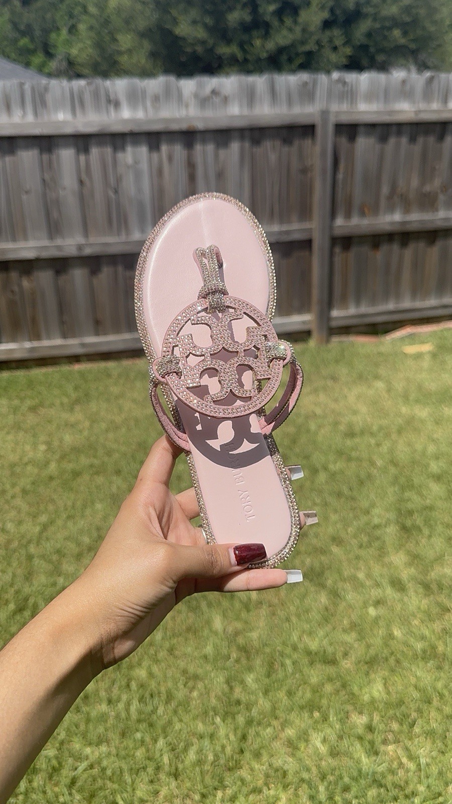 Tory Burch Women’s US 6 Pink Leather Thong Slip-On Sandals Rhinestone