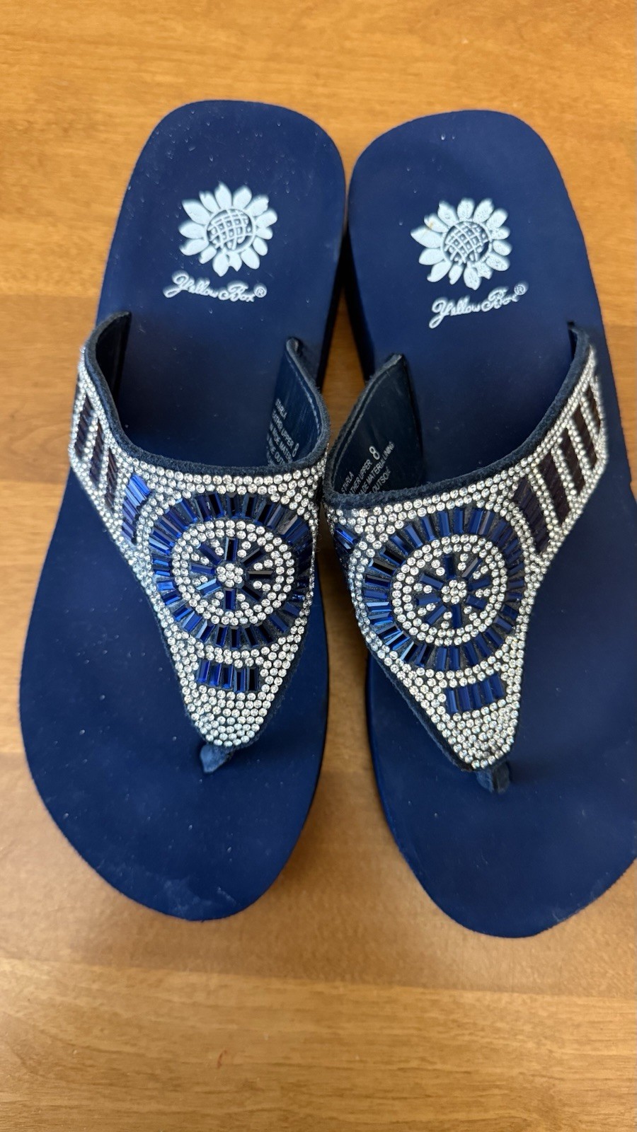 Yellow Box Blue Thong Sandals Leather Upper Rhinestone Slip On Women’s 8