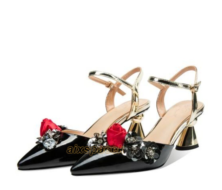 Floral Women’s Leather Elegant Sandals Kitten Heel Rhinestone Pointed Toe Shoes