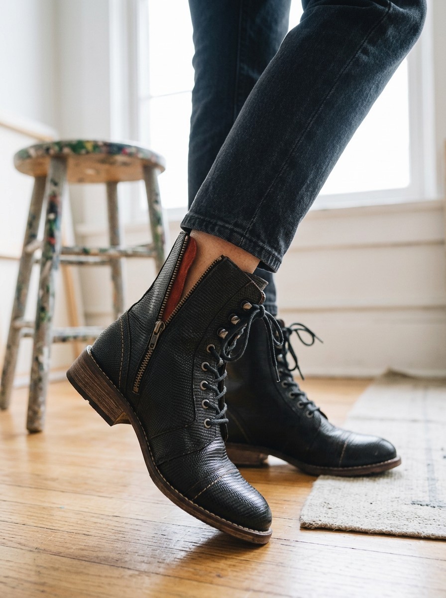 Mam’Zelle Women’s 39 Black Embossed Leather Lace-Up Side Zip Ankle Boots