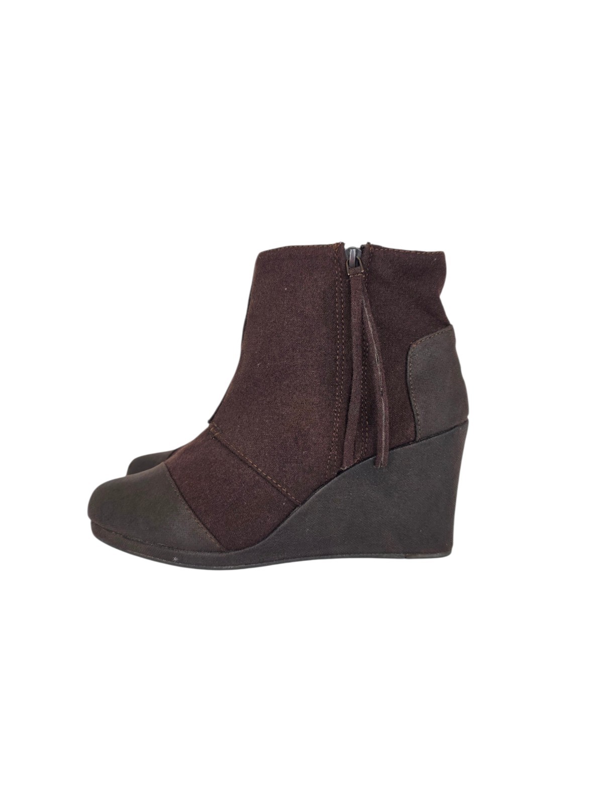 Toms Wedge Boots Zip Brown Comfort Casual Fashion Ankle Booties Womens Size 9.5