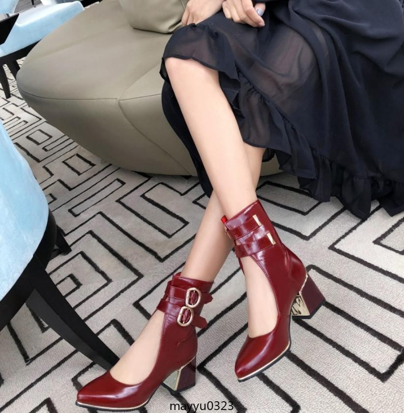 Womens Pointy Toe Mid Block Heel Sandals Hollow Out Buckle Ankle Boots Oversize