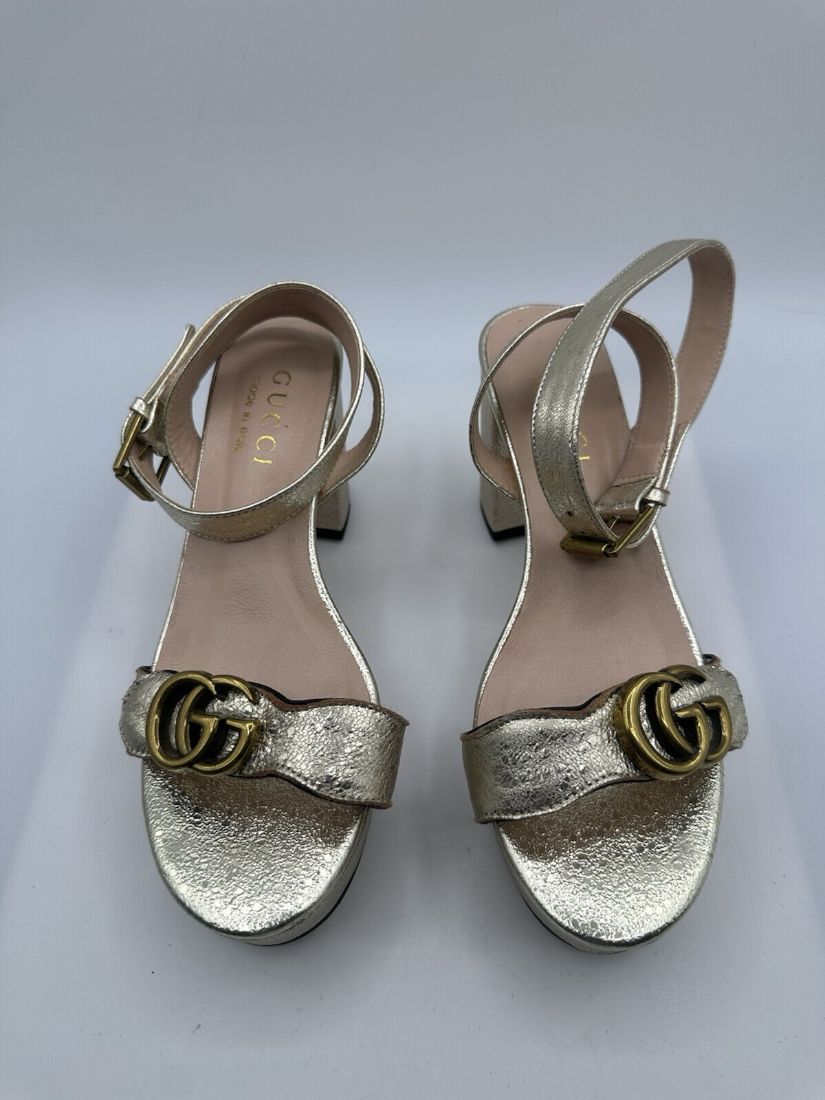 Gucci Marmont GG Metallic Leather Block Heel Ankle Strap Sandal Women Sz 38/ 7.5