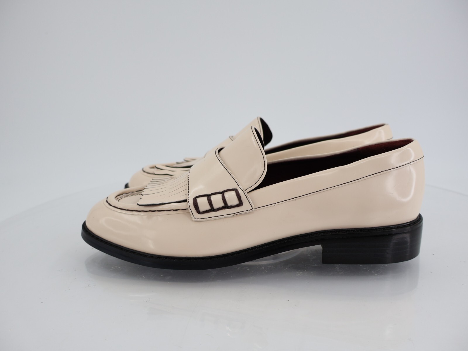 Franco Sarto Alonzo Penny Loafer Slip on Shoes Size 9 Beige Black Patent Vegan