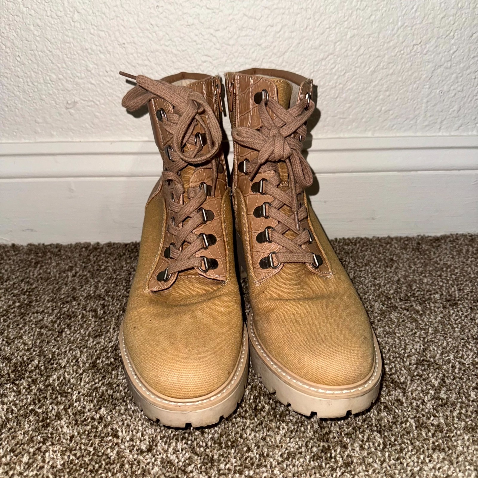 Dolce Vita Hank Combat Boots Womens 9.5 Brown Canvas Leather Side Zip Lug Sole