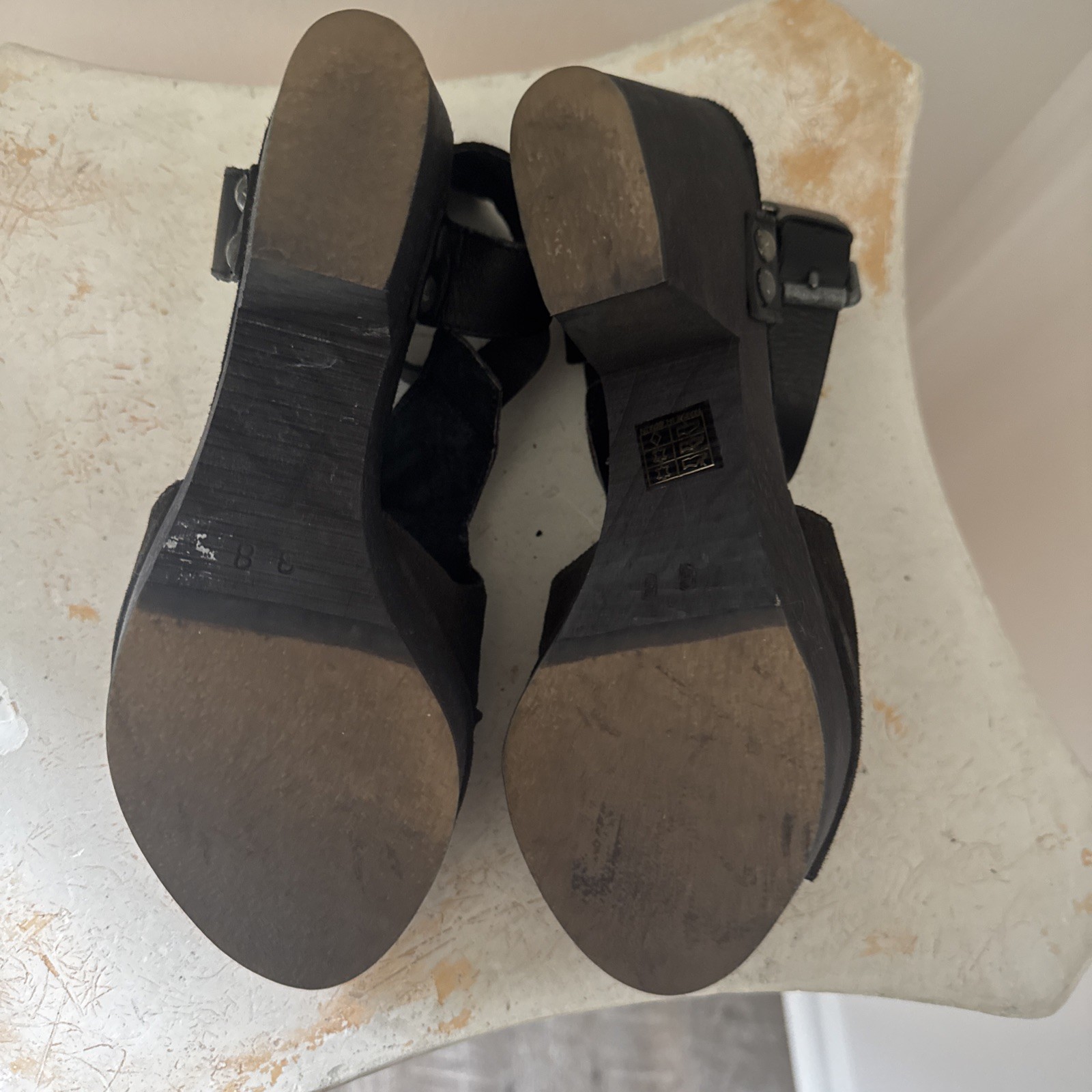 Free People 38 US8 Sacramento Brown Suede Black Leather Wood Platform Sandals