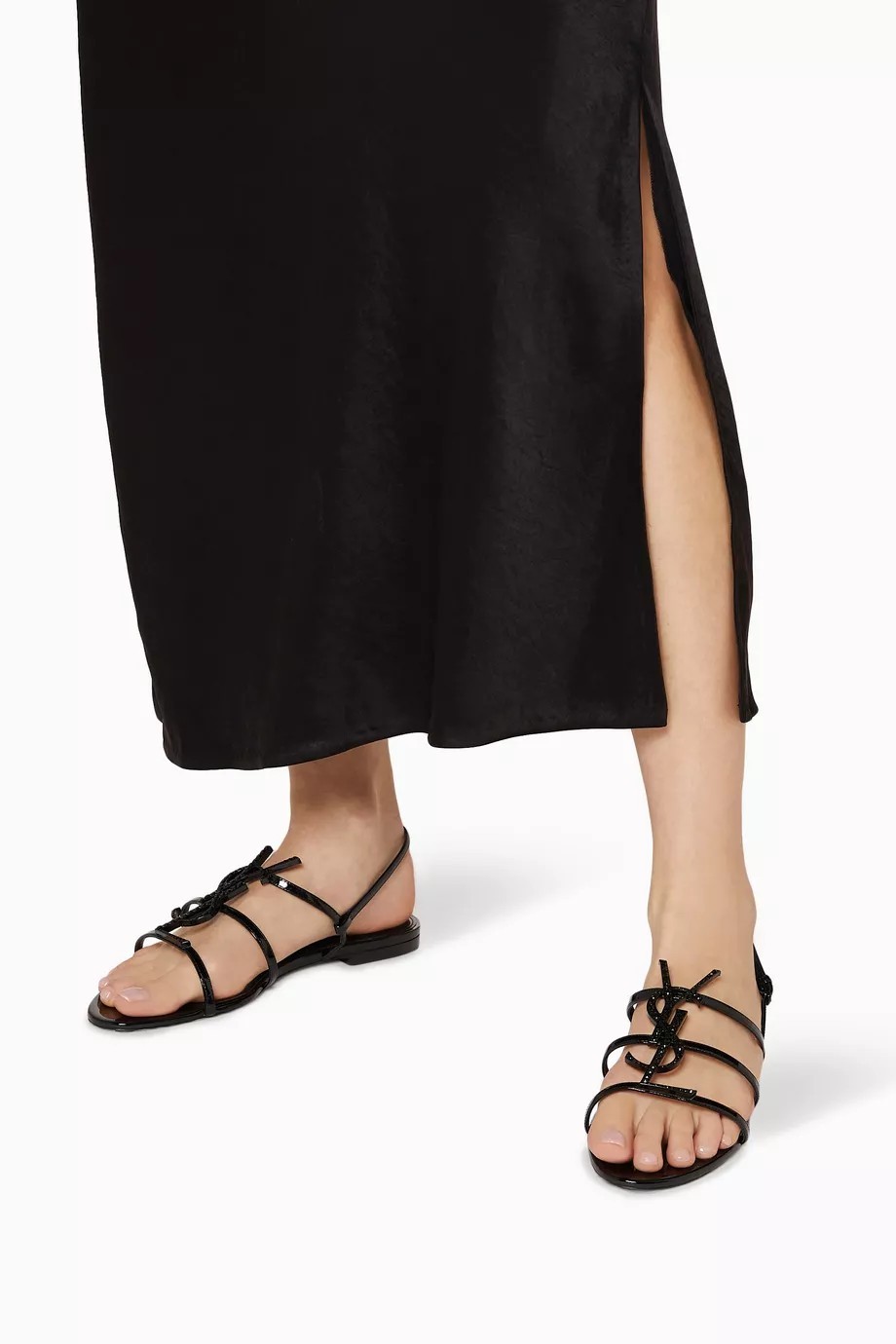 YSL SAINT LAURENTCassandra Flat Sandals in BLACK Patent Leather With CRYSTALS