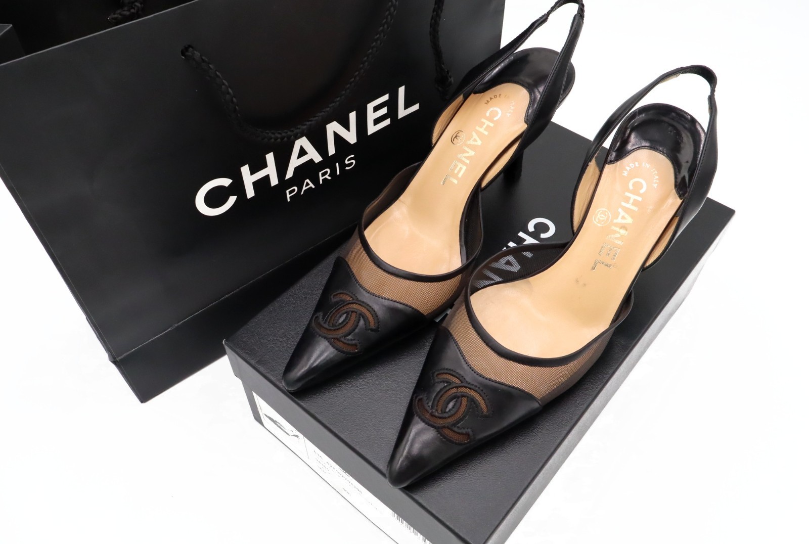 Chanel Vintage CC Mesh Leather Slingback Pumps Black Sz 36.5