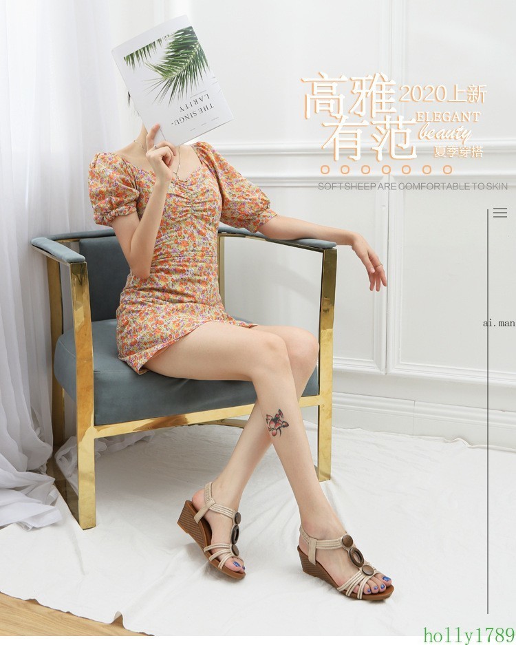 Women’s Wedge Sandals Elastic Ankle Strap Wooden Accent Open Toe Summer Shoes