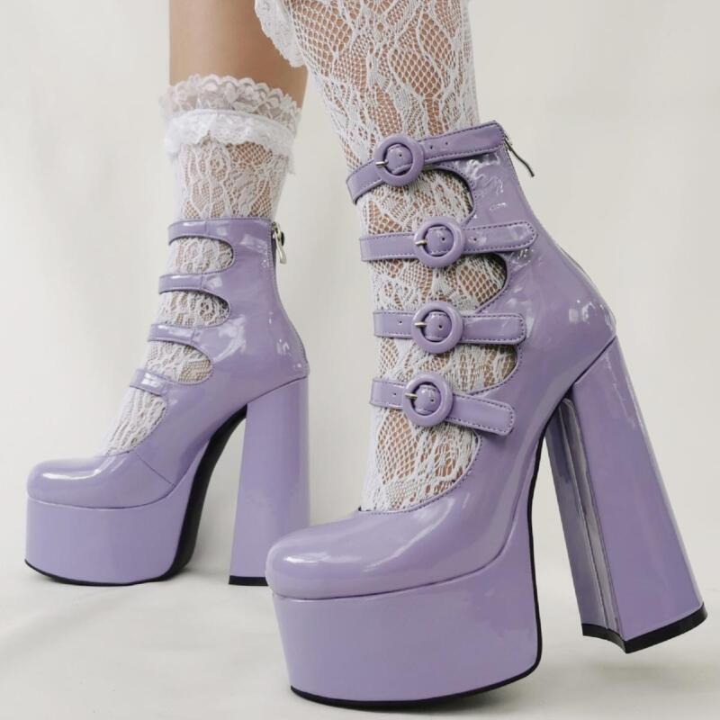 Womens Round Toe Mary Jane Buckle Platform Super High Block Heel Pumps Shoes Hot