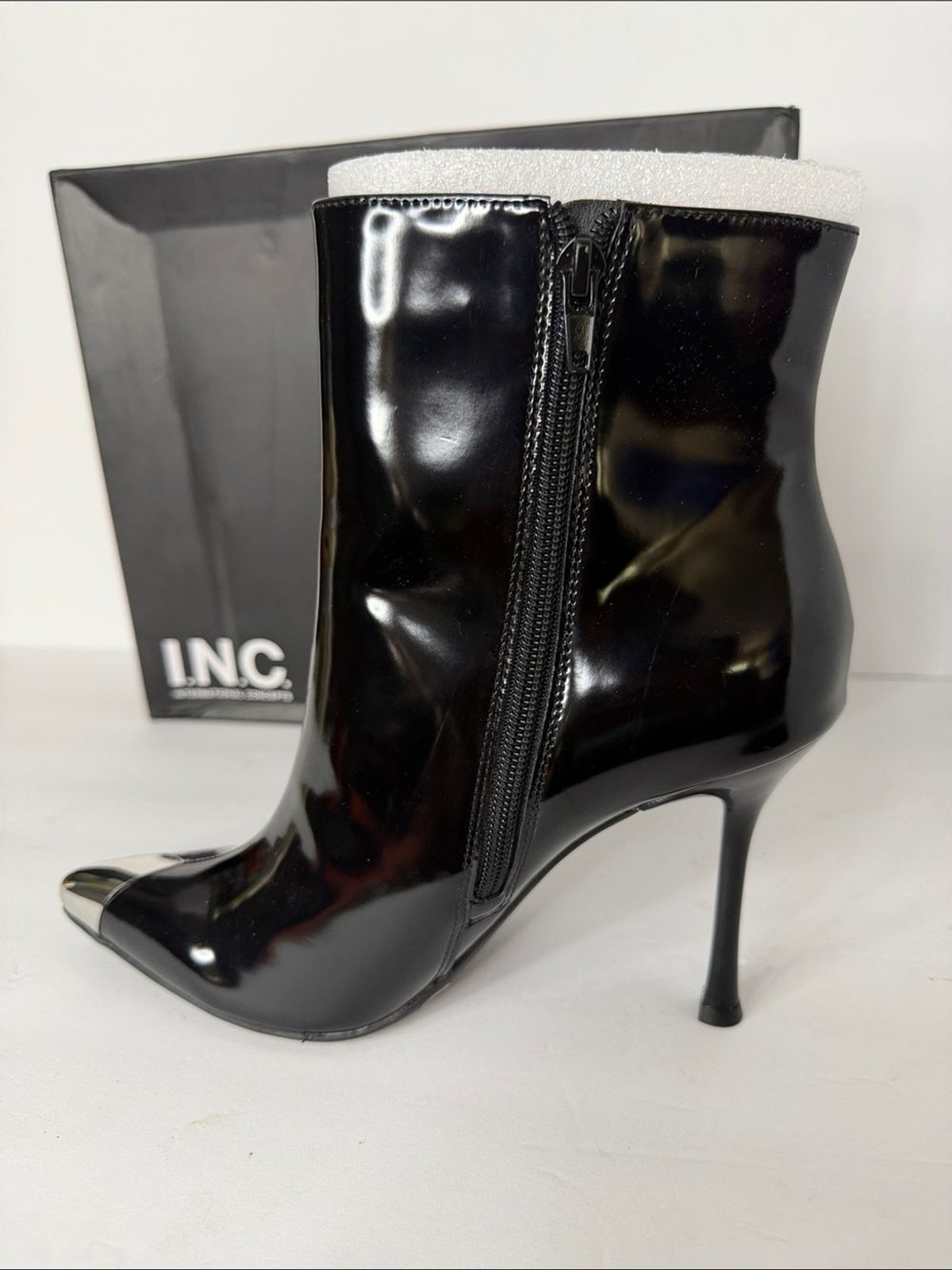 INC International Concepts Black Patent Stiletto Ankle Boot with Silver Toe
