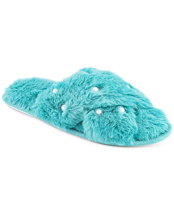 INC Womens Slippers Imitation Pearl Faux Fur Cross Slide Teal I.N.C. NIB