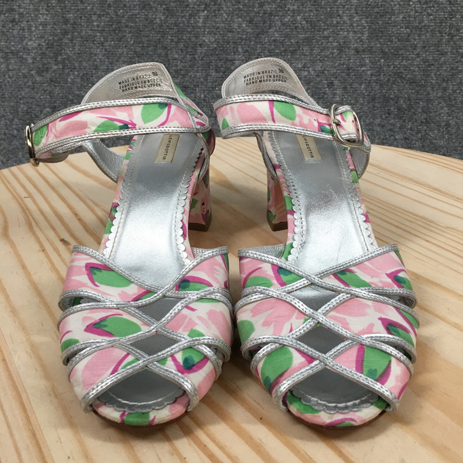 Leifsdottir Floral Strappy Block Heels Sandal Womens 9B Silver Metallic Casual