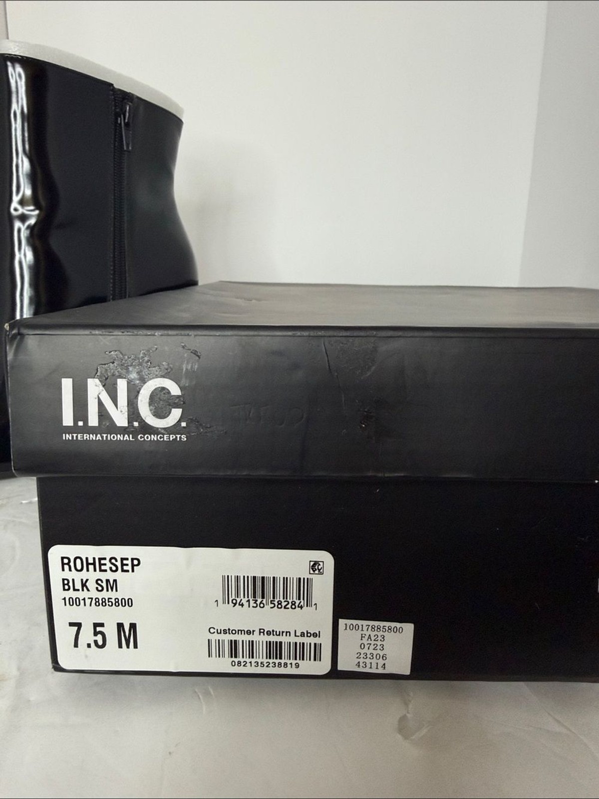 INC International Concepts Black Patent Stiletto Ankle Boot with Silver Toe
