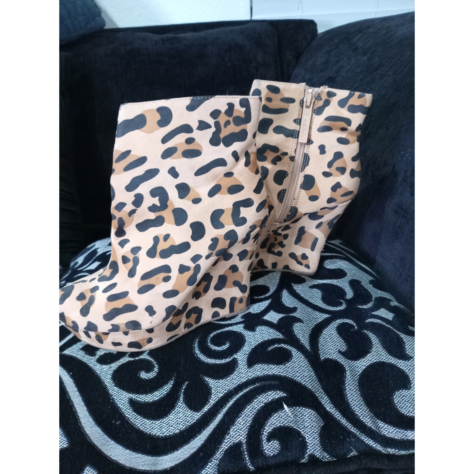 Shiekh Ceasar-01N Leopard Print Wedge Ankle Boots Tan Brown Animal Booties 6