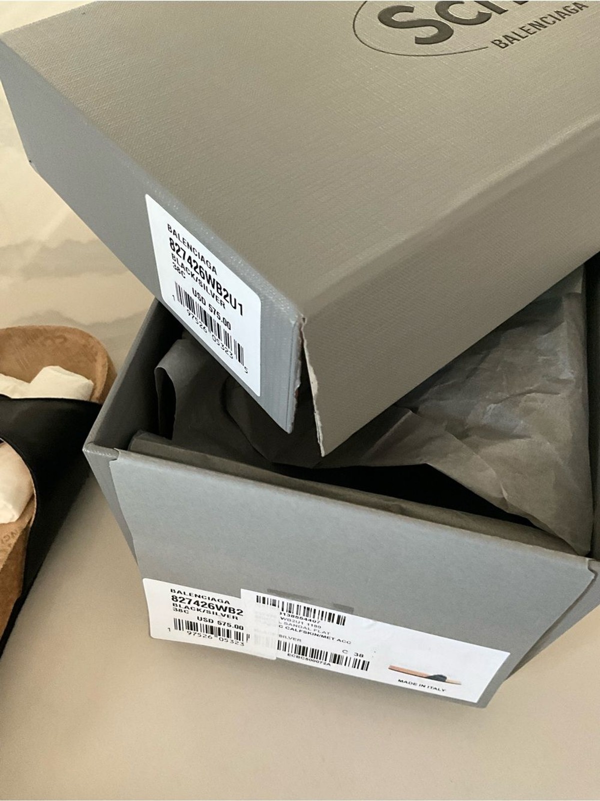 Balenciaga x Scholl Flat Slide Sandals Black Silver Leather EU 38 / US 8 NIB