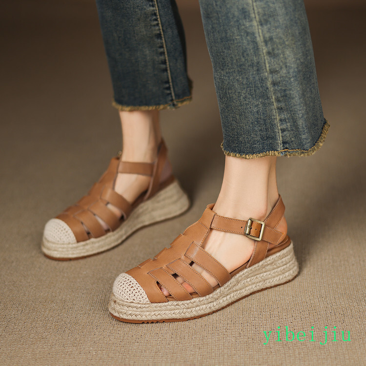 Women’s Roman Platform Weave Woven Sole Sandal Leather Shoes Low Wedge Heel 2026