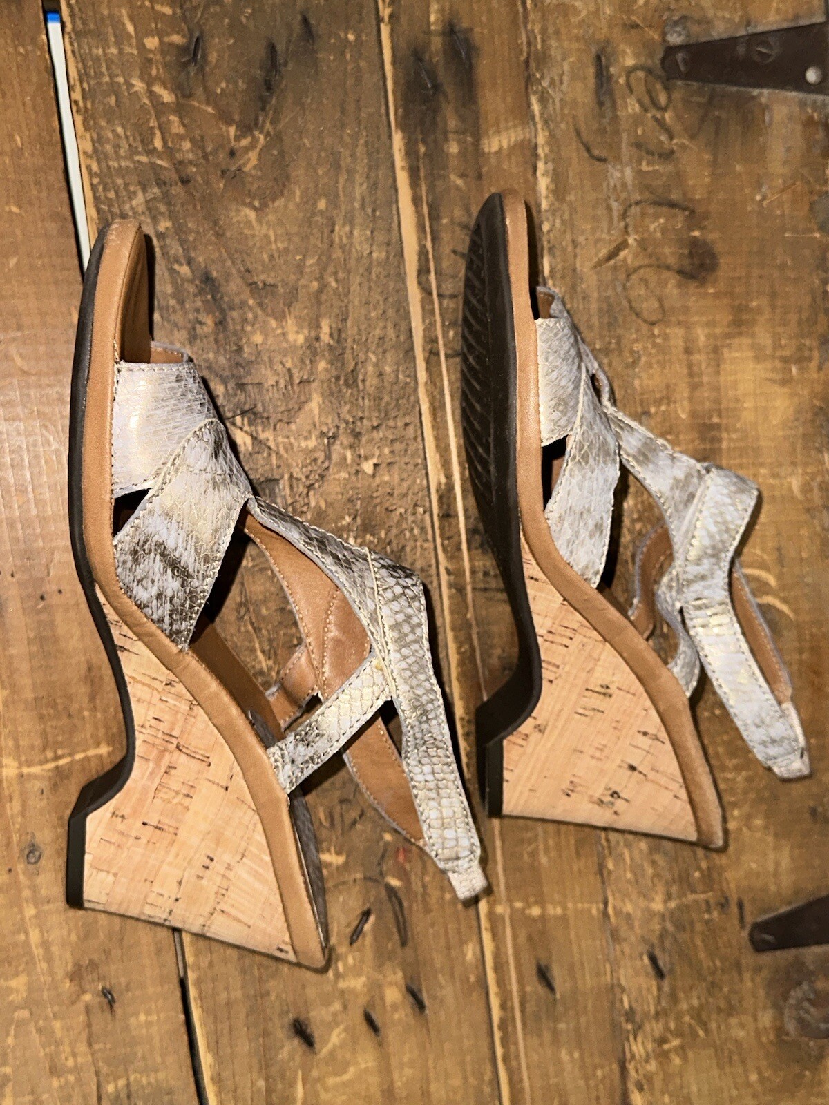The Flexx Cutout Metallic Leather Embossed Snakeskin Pattern Cork Wedge-Size 6.5
