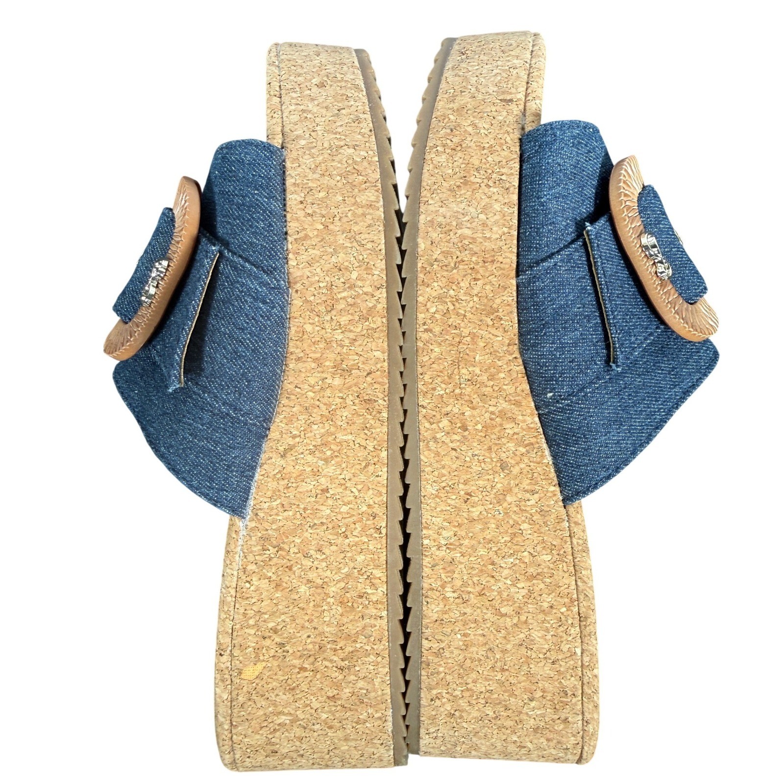 Sam & Libby Denim Cork Platform Wedge Slide Sandals Blue Buckle Size 8.5