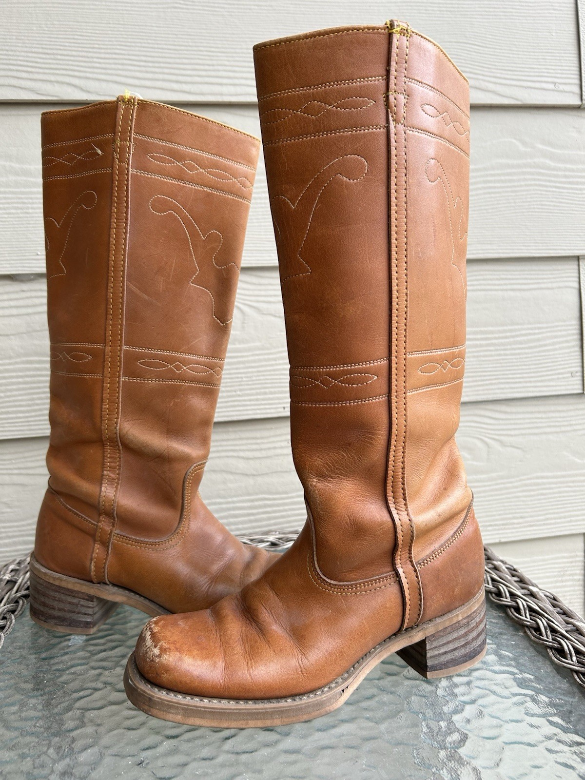 VTG! 70’s CAMPUS Stitched LONGHORN Leather Tall Western BOOTS sz 7M (Unbranded)
