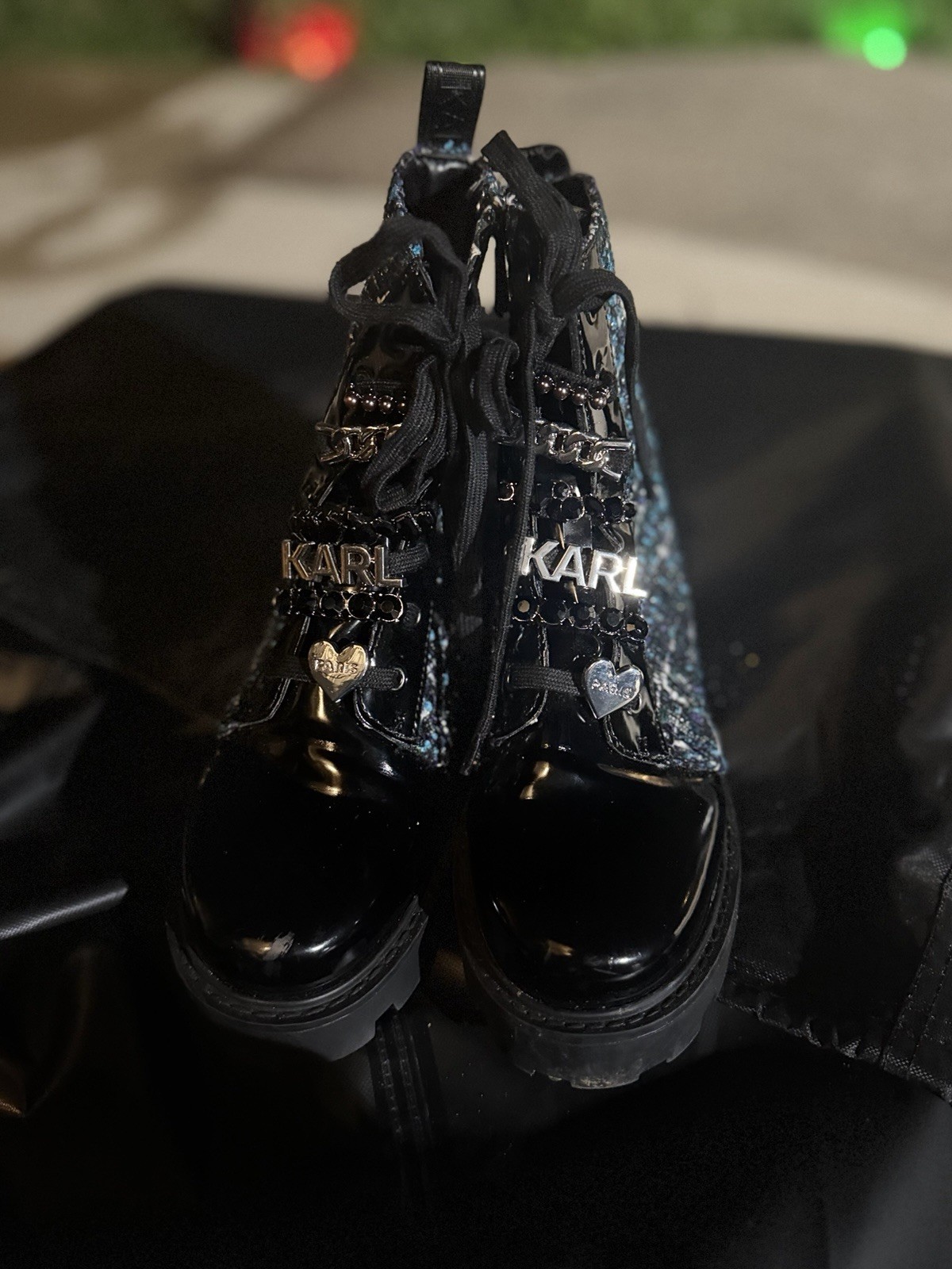 Karl Lagerfeld Women’s Black Patent Leather Lace-Up Combat Ankle Boots