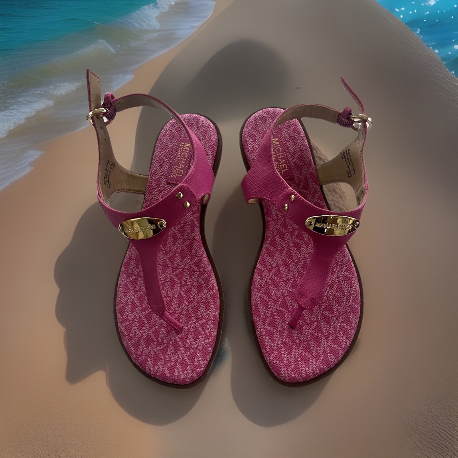 New Michael Kors MK Plate Flat Thong Sandals Cerise Ankle Strap pink