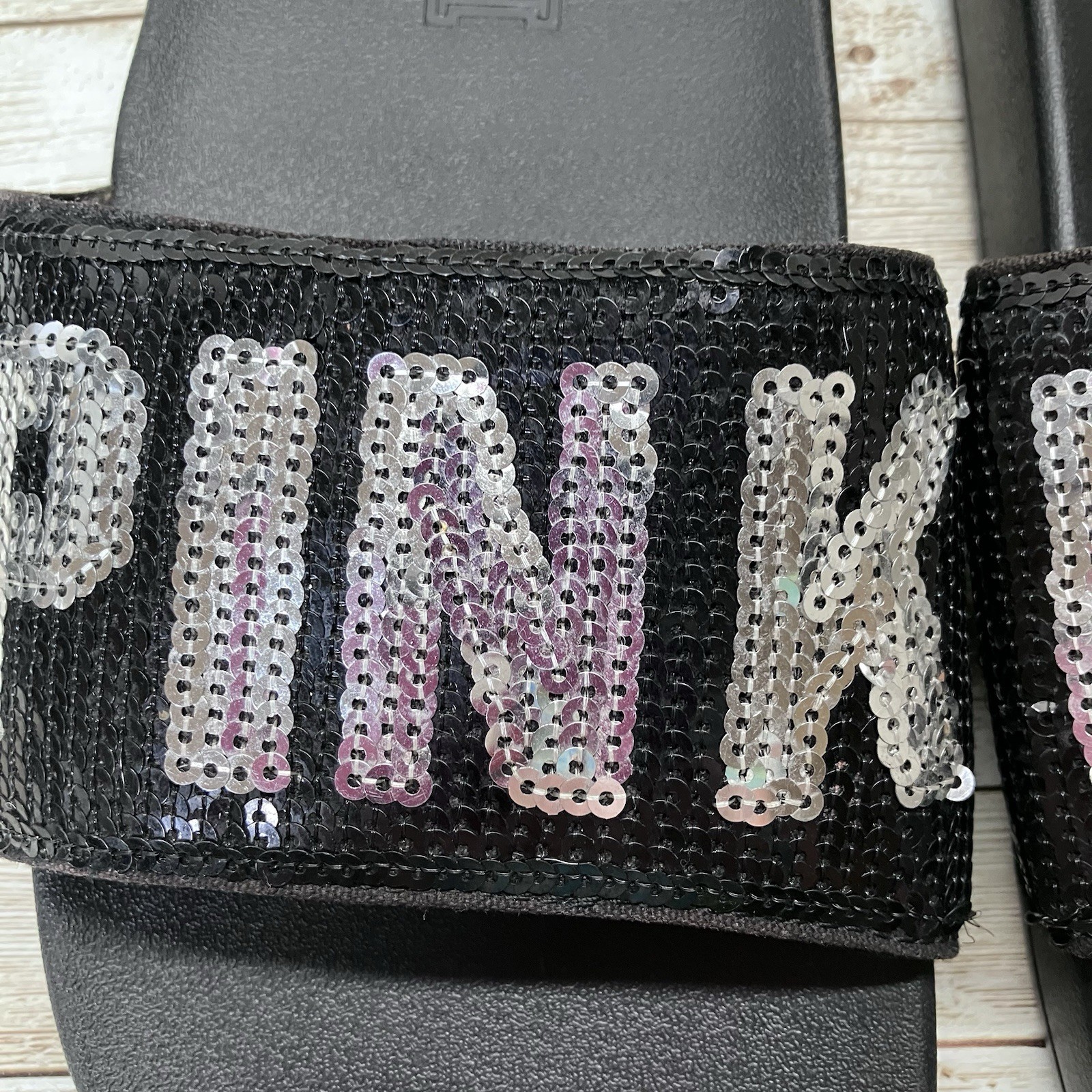 Victoria Secret Cushioned Black PINK Rhinestone Rubber Slides Womens XL