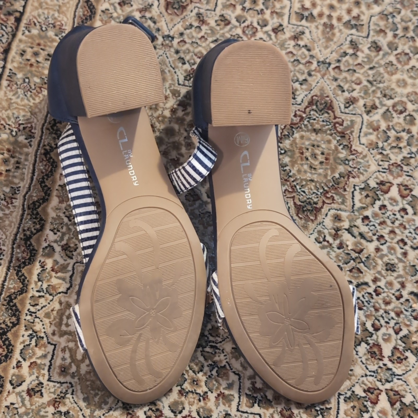 CL by Laundry Women’s Blue/White Striped Open Toe Ankle Strap US 6.5