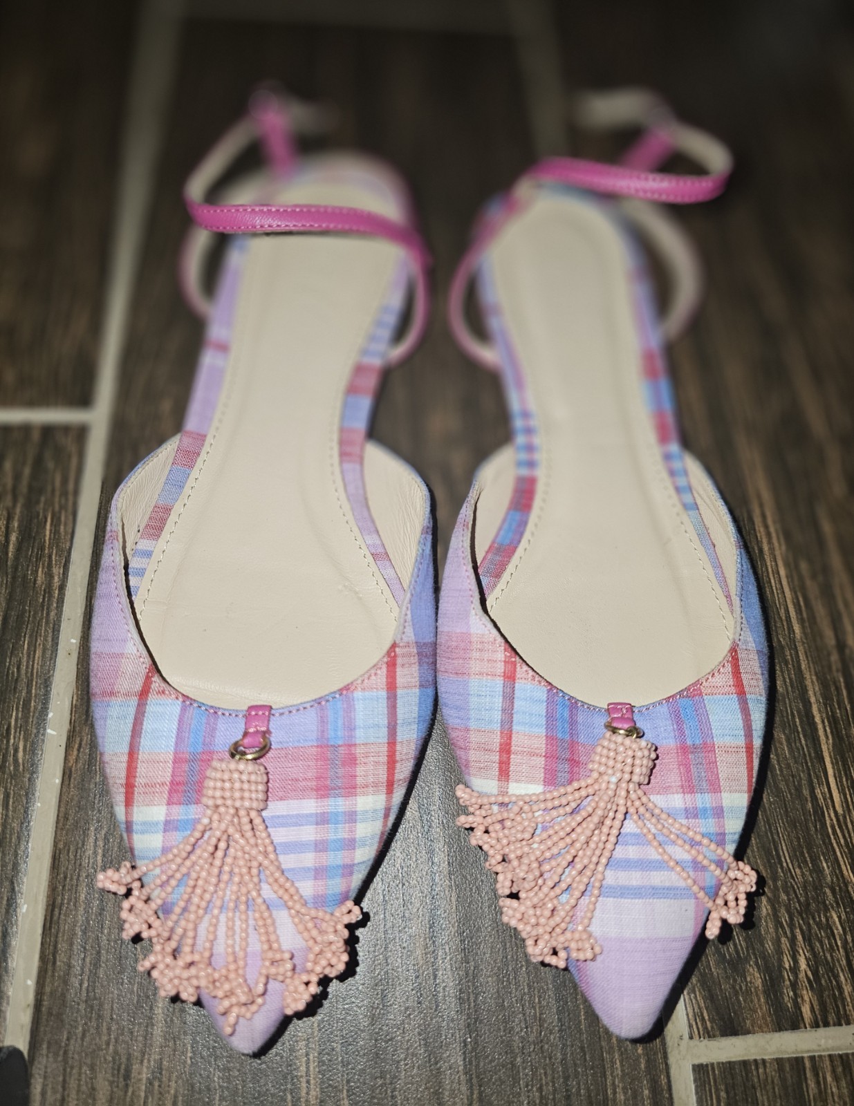J.Crew Madras Plaid Beaded Tassel Flats, sz. 6, Slingback