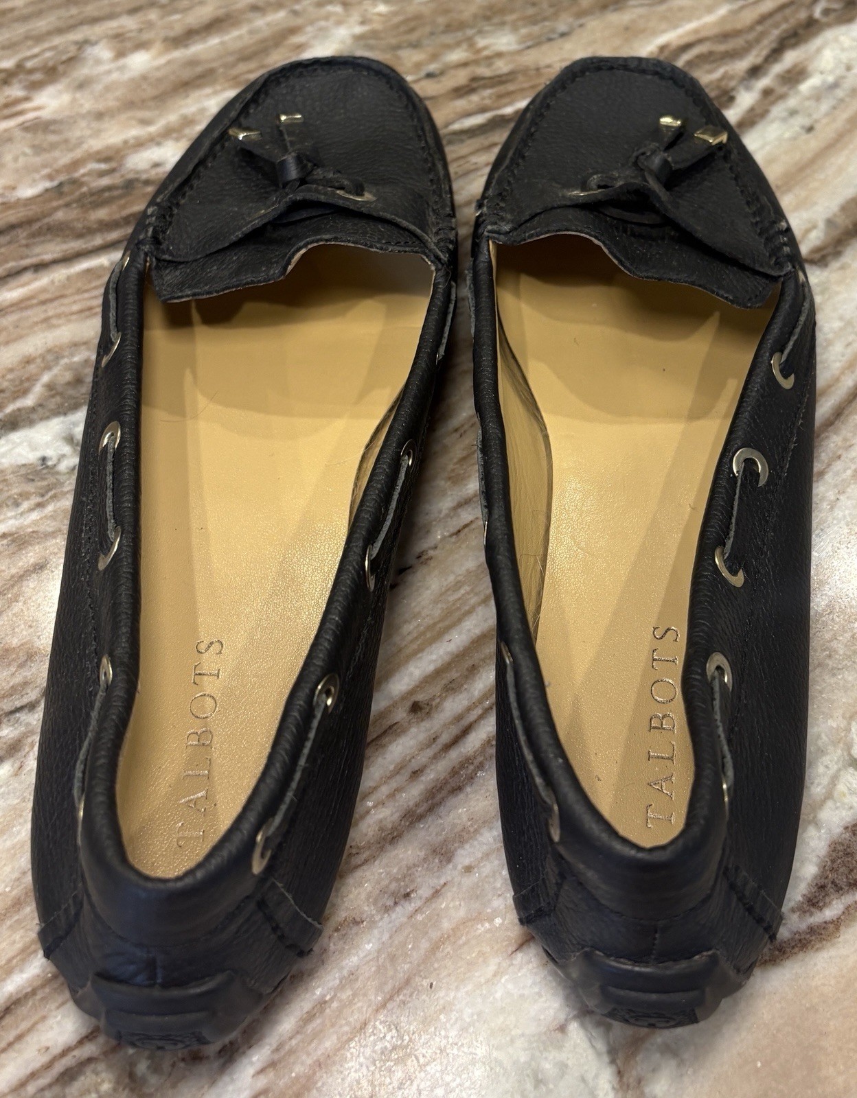 Talbots Becca Tie Driving Moccasins Shoe Pebbled Leather Black Loafer SZ 9.5