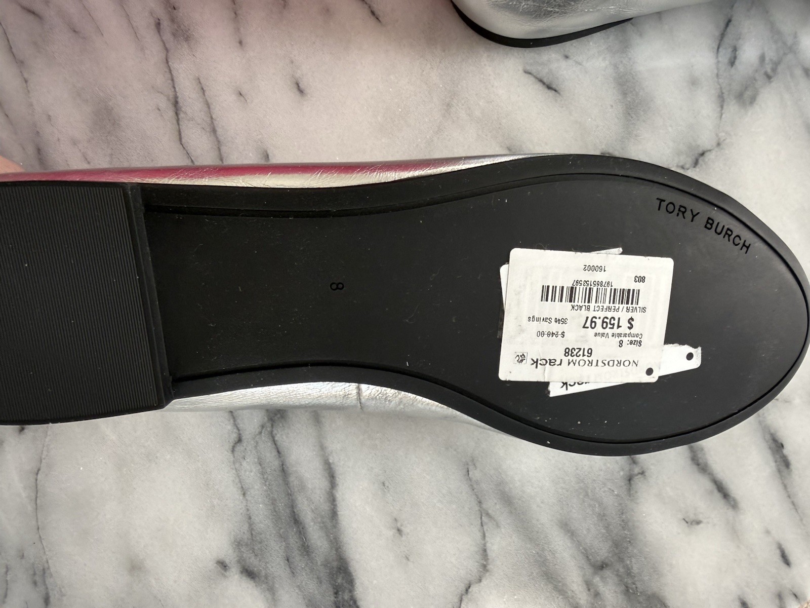 Tory Burch Silver /Black Leather Cap Toe Double T Bow Ballet Flats Sz 8 -NEW