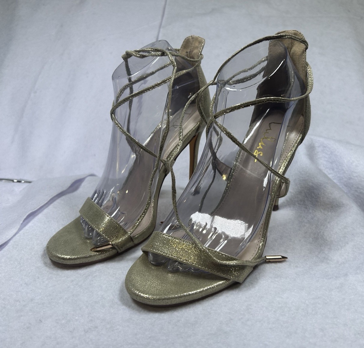 Lulus Womens Size 8 Champagne Gold Metallic Lace Up Strappy Stiletto Heels Sanda