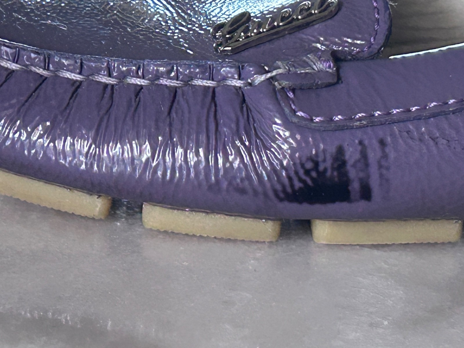 GUCCI Purple Patent Leather Script Logo Driving Loafers Shoes Womens 36 Italy