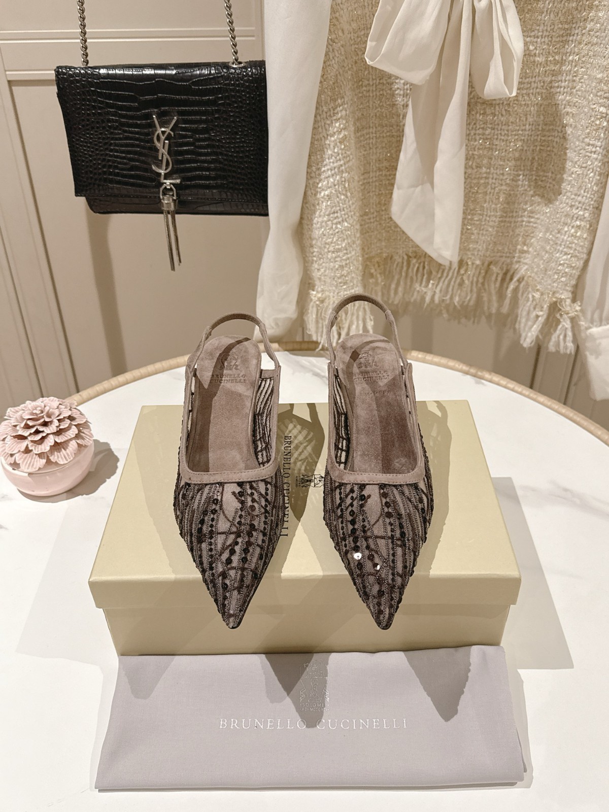 Brunello Cucinelli Luxury Womens Mesh Slingback Flats Brown Size EU 35-42