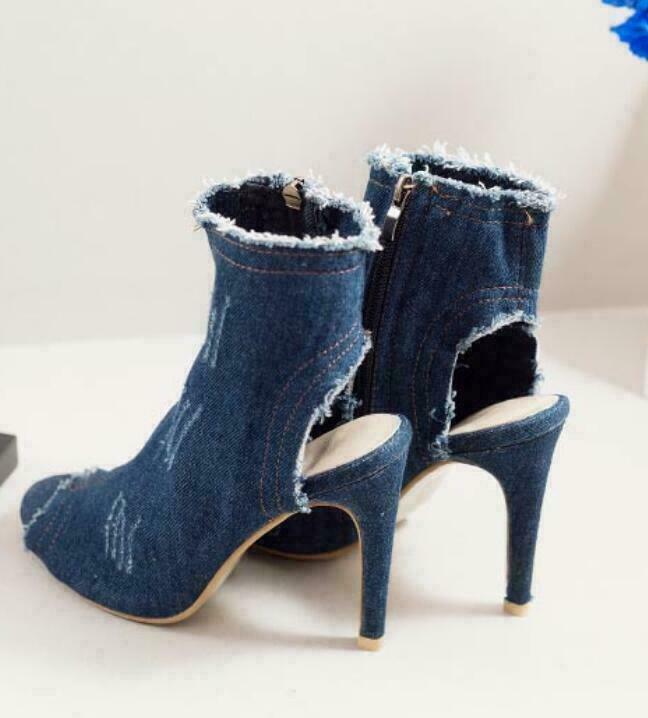 Women Open Toe Slingback Ripped Jeans Ankle Boots Denim Side Zip Stilettos Heels