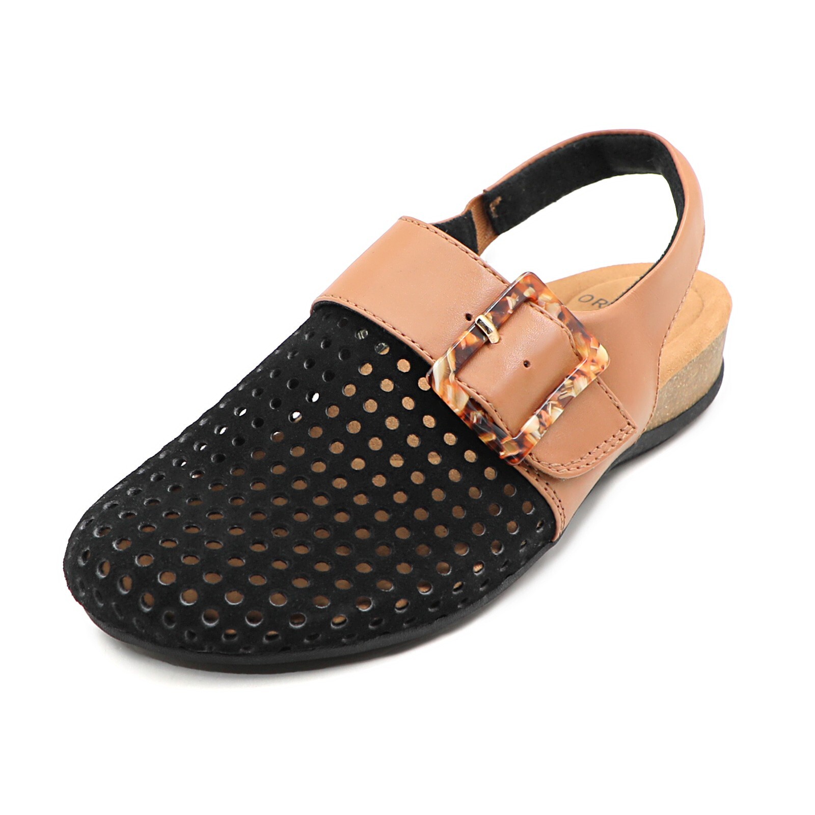 Women’s Genuine Leather Perforated Slingback Buckle Comfort Clogs Cork Footbed