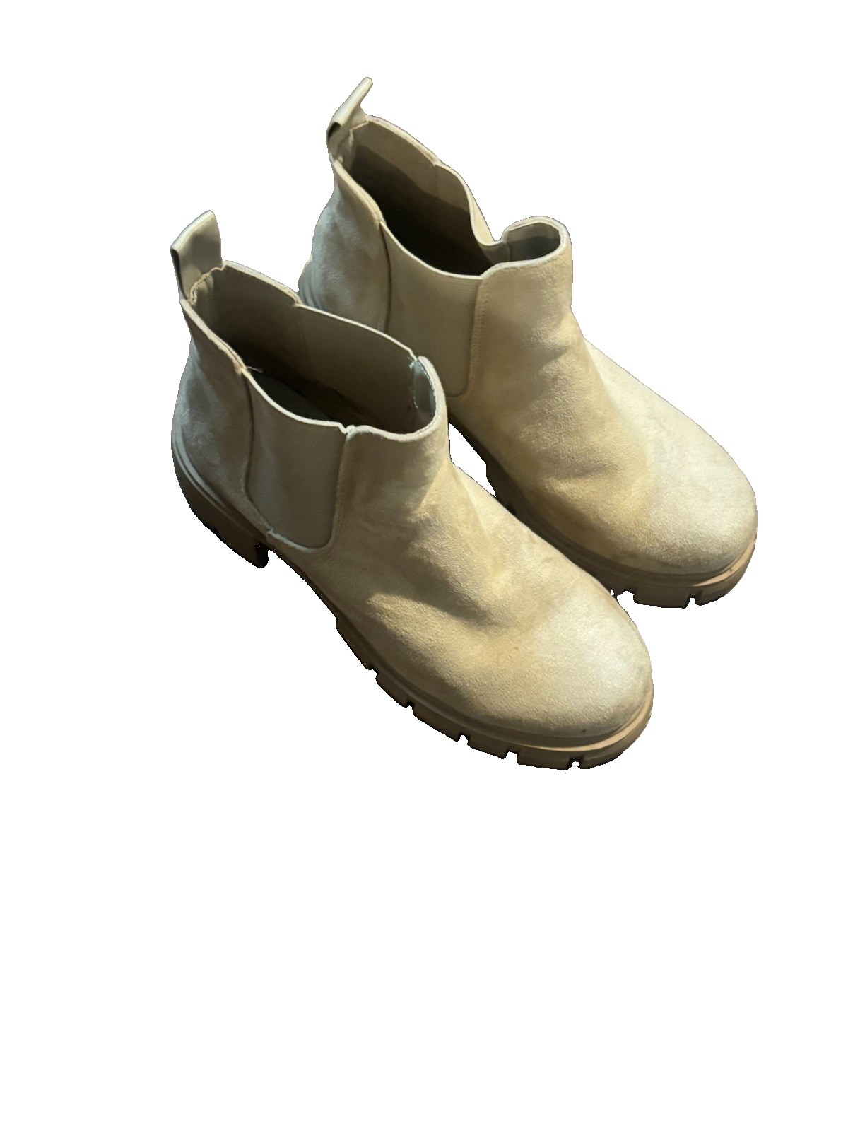 Soda Women’s Chelsea Ankle Boots US 8 Beige Suede Lug Sole Pull Tab Round Toe