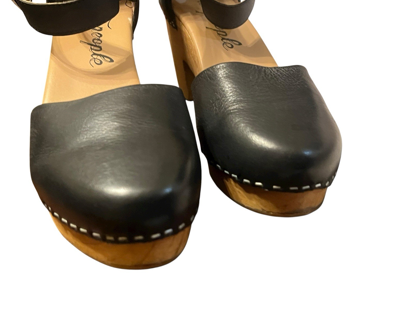 Free People Sz 39/ US 8.5Andora Black Leather Wood Platform Clogs Western Buckle