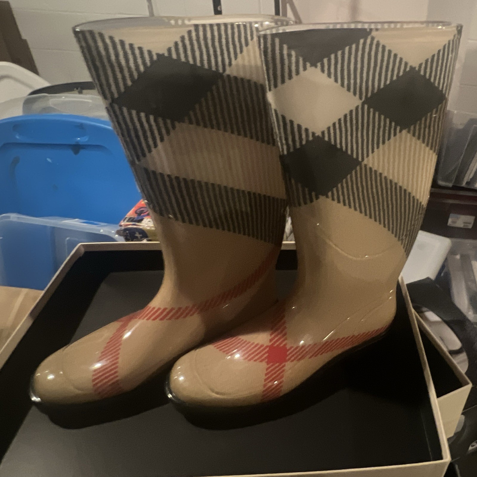 Burberry Nova Check Mid-Calf Waterproof Pull-On Rain Boots Women US 9 EU 40