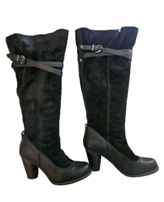 Timberland Women’s Black Leather Suede Knee High Boots Wrap Strap Heel Size 7 M