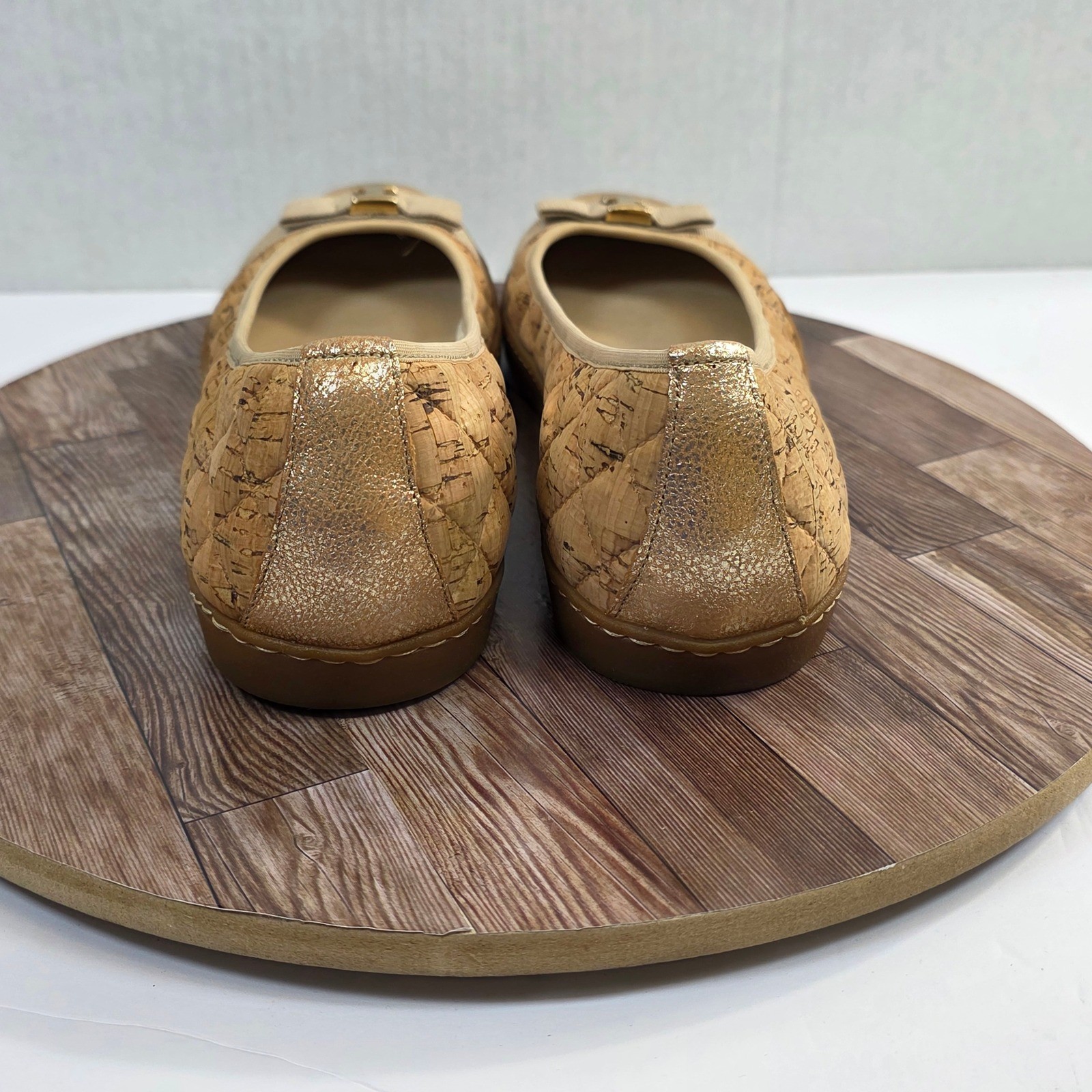 Sesto Meucci Ballet Flats Womens 10N Gold Cork Quilted Bow Metallic Toe