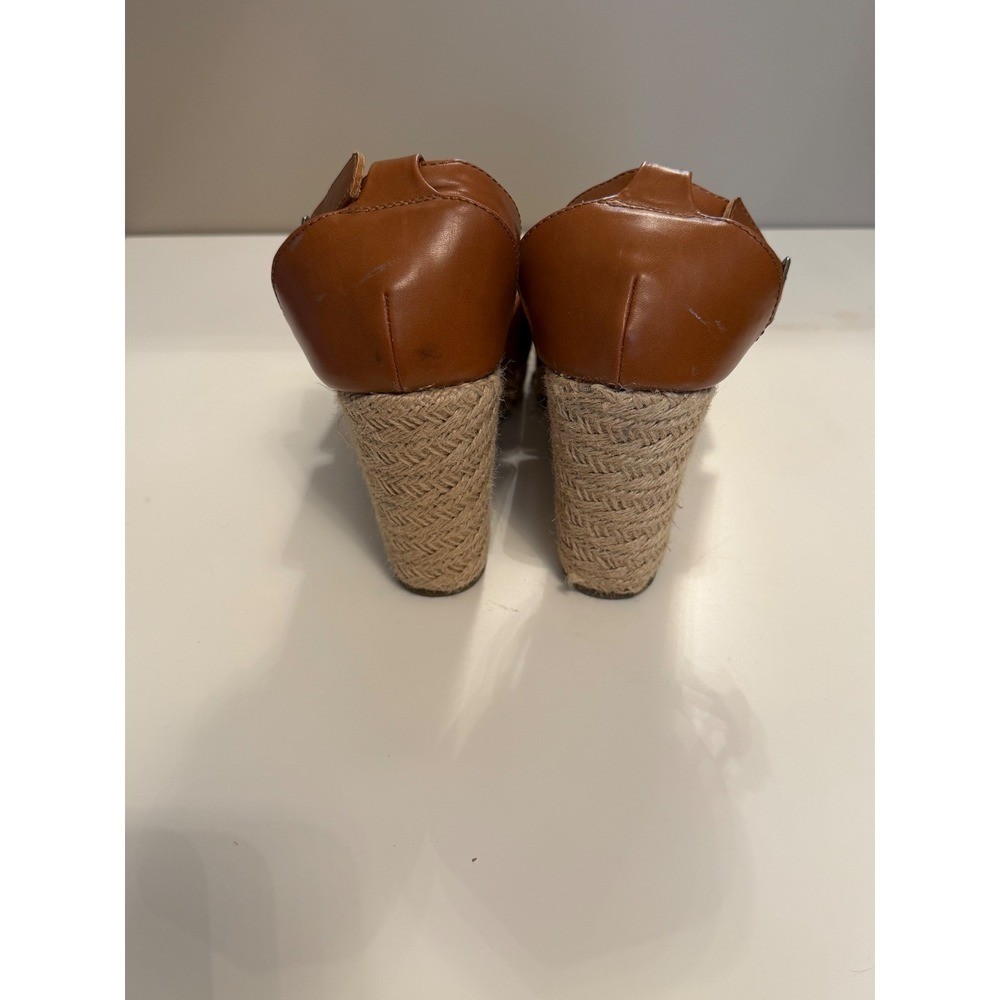 Time and Tru Cognac Brown Espadrille Wedge Sandals Ankle Strap Size 9