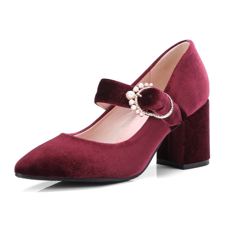 Retro Women’s Velvet Lolita Mary Janes Pointed Toe Block Heels Pump Formal Shoes