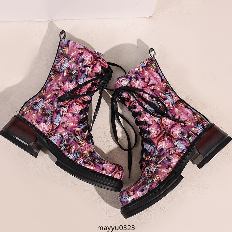 Women’s Mid Cuban Heel Ankle Boots Knight Printed Casual Lace Up Winter Shoes