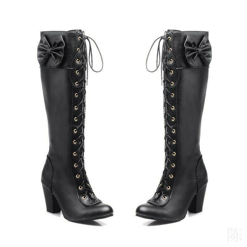 Women’s Lace Up Lolita Bowknot Shoes Chunky Heels Knee High Boots