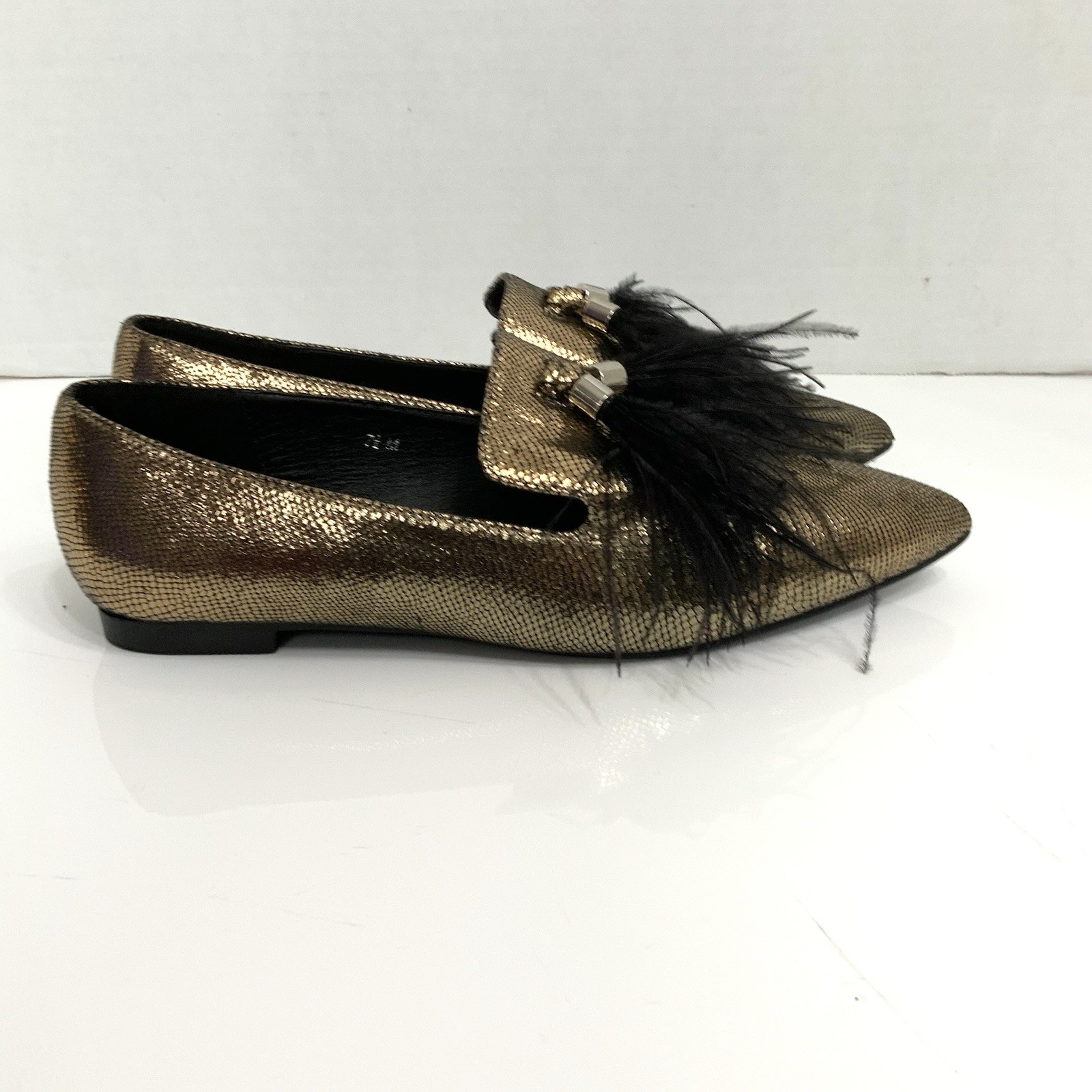 ASHRO Sz 7.5 Gold Bronze Feather Tassel Pointed Toe Metallic Loafers Party