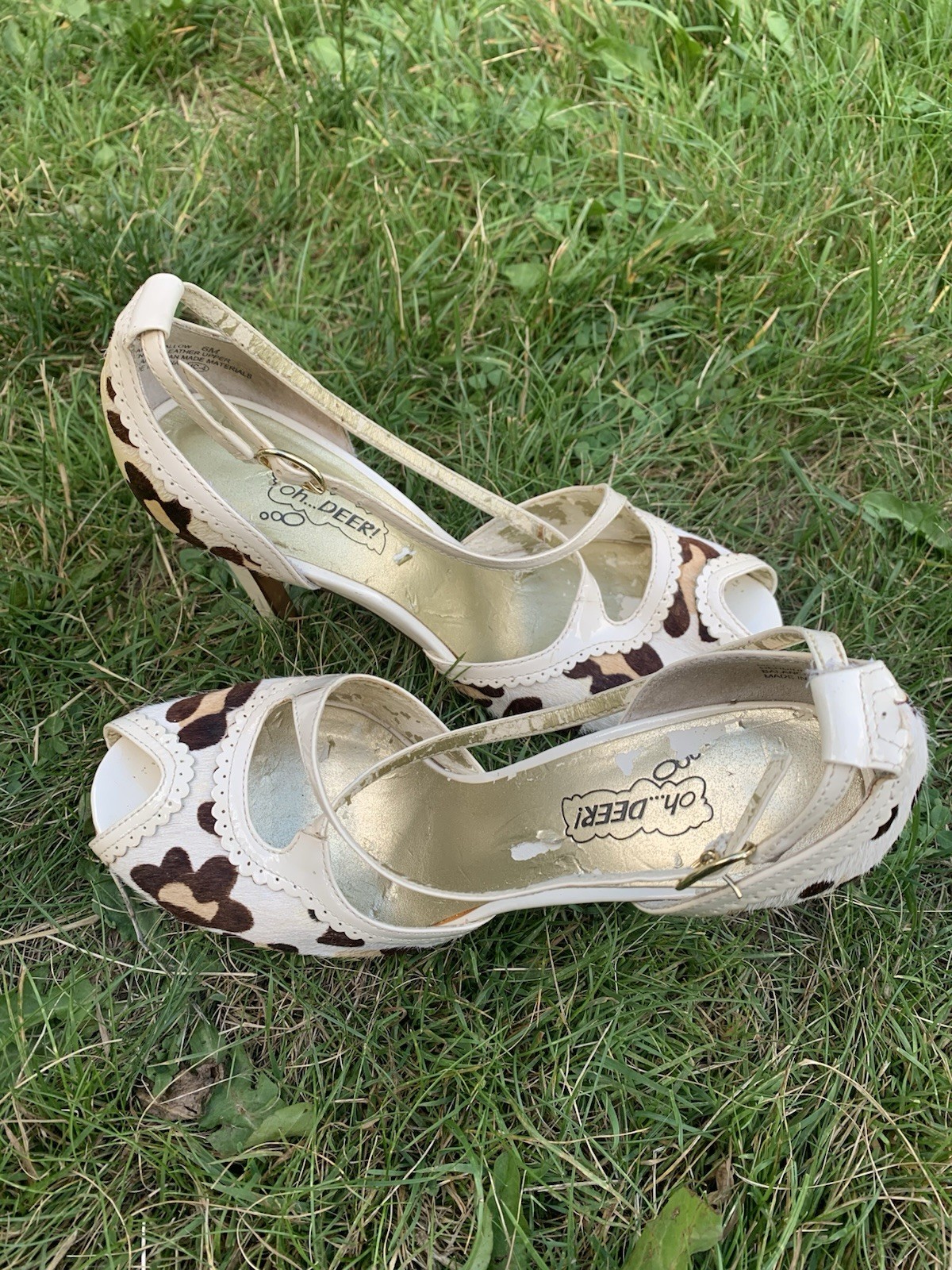 Oh…Deer! Women’s Ivory Brown Leather Animal Print Peep Toe Pumps 6